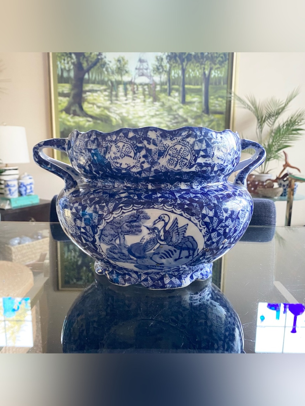 VTG Bombay Co. Chinoiserie Blue & White Double Handled Cachepot Planter Crane